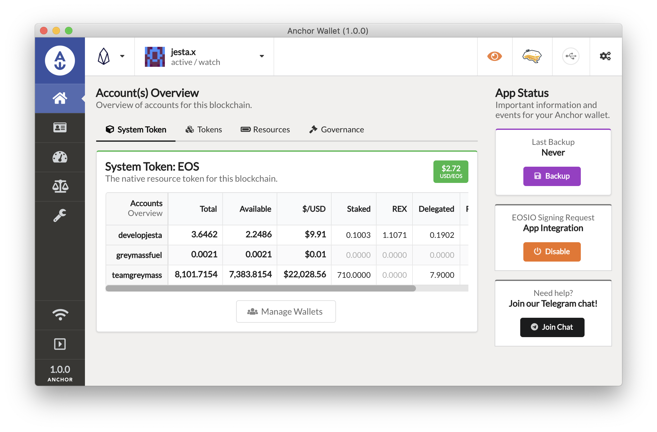 Anchor Wallet desktop app showing an Antelope account